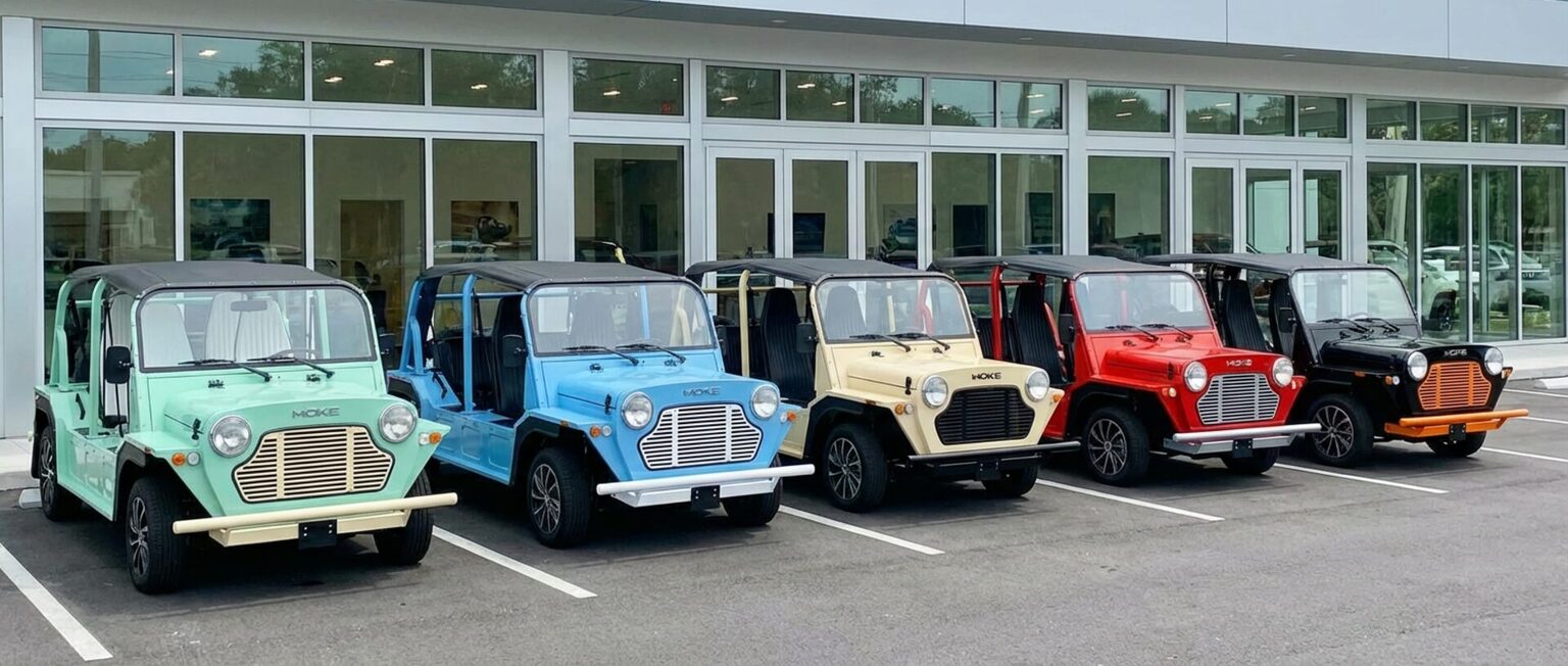 Lineup of electric Mokes in multiple colors at Friendly Moke Detroit showroom